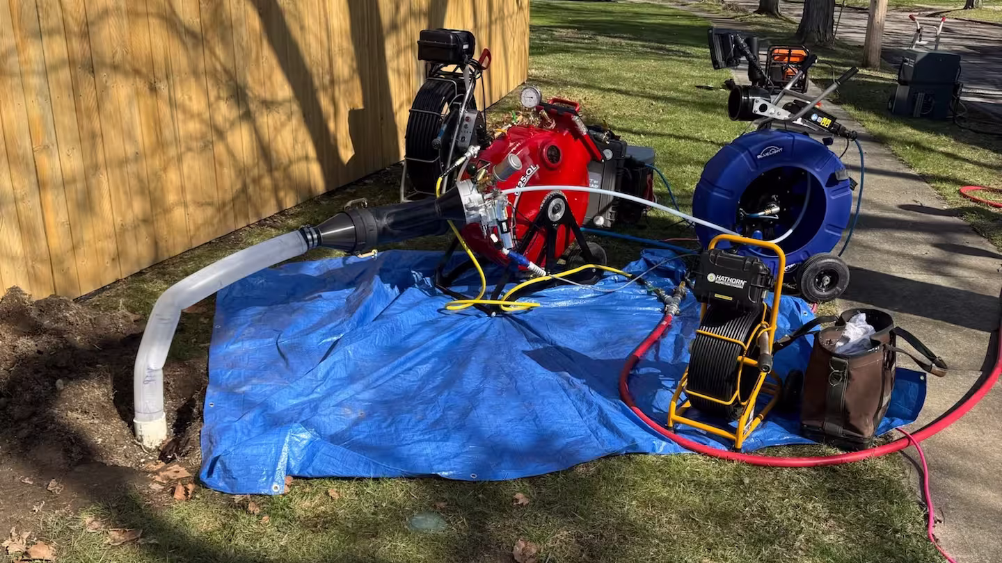 Hammerhead Trenchless Bluelight LED CIPP Lining System, Trenchless plumbing equipment set up for residential service in Manchester, MI